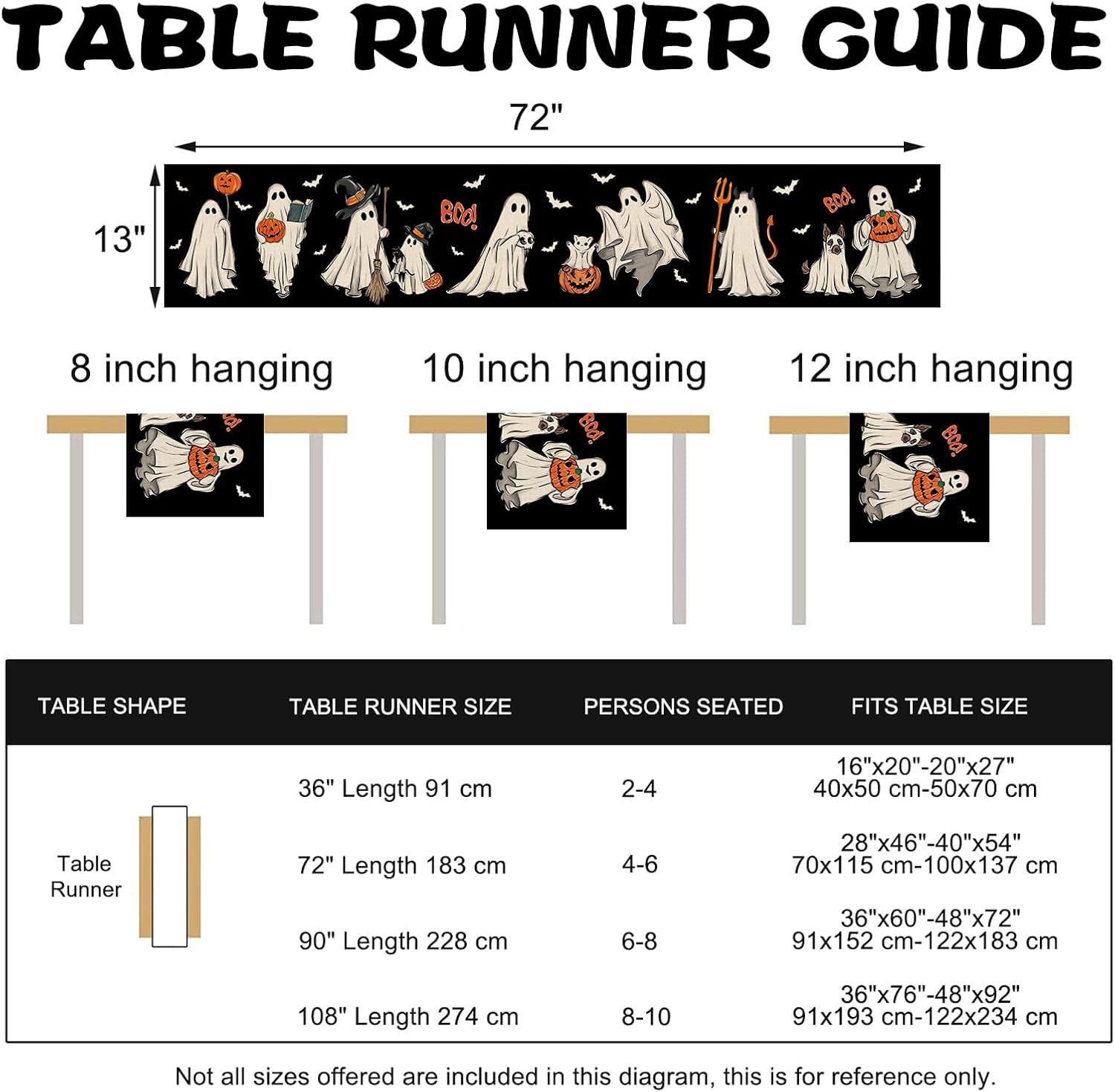 Halloween Ghost Boo Black Table Runner 13x72 Inch
