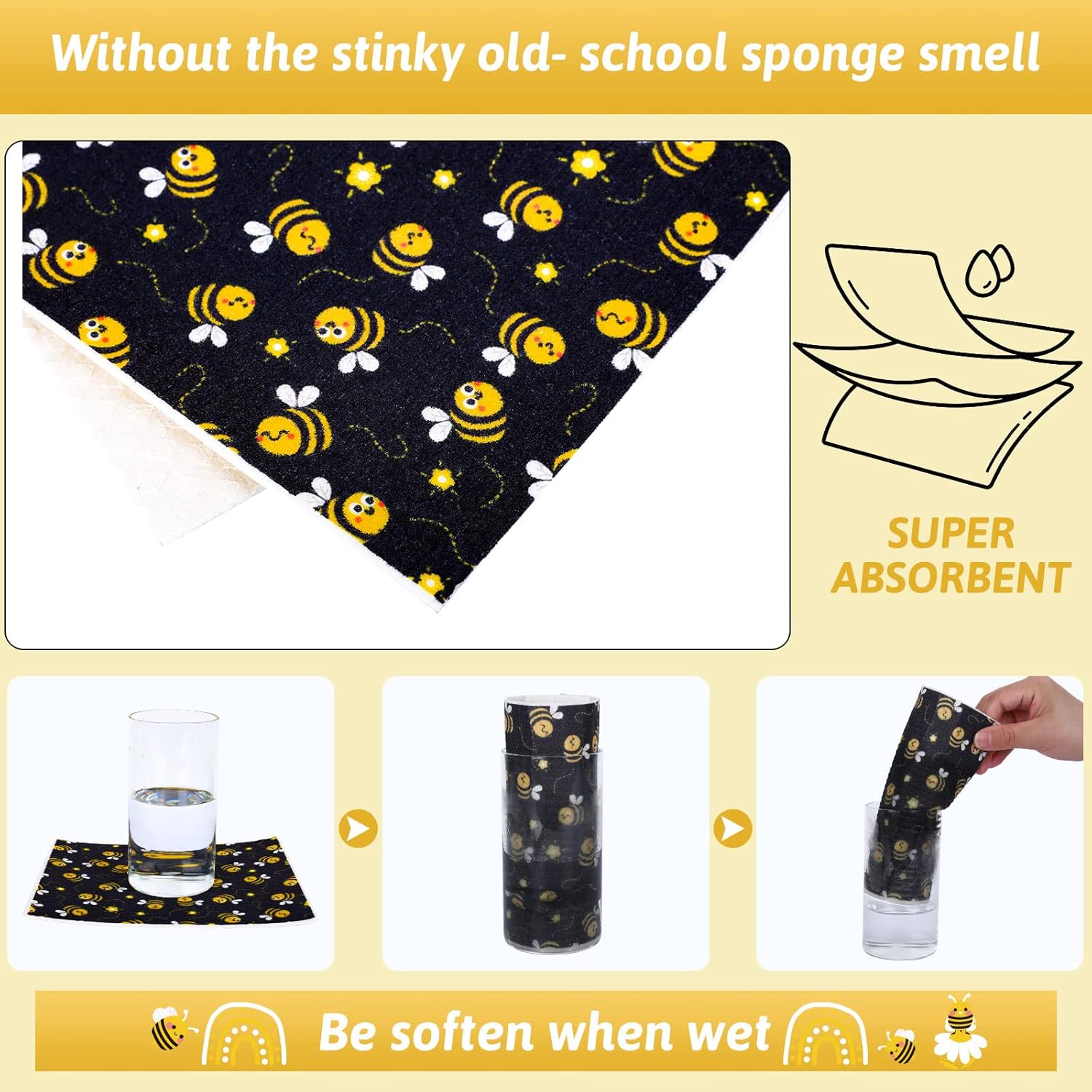 Whaline Bee Dish Cloths 6 Pack Yellow Black Hand Drying Tea Towels