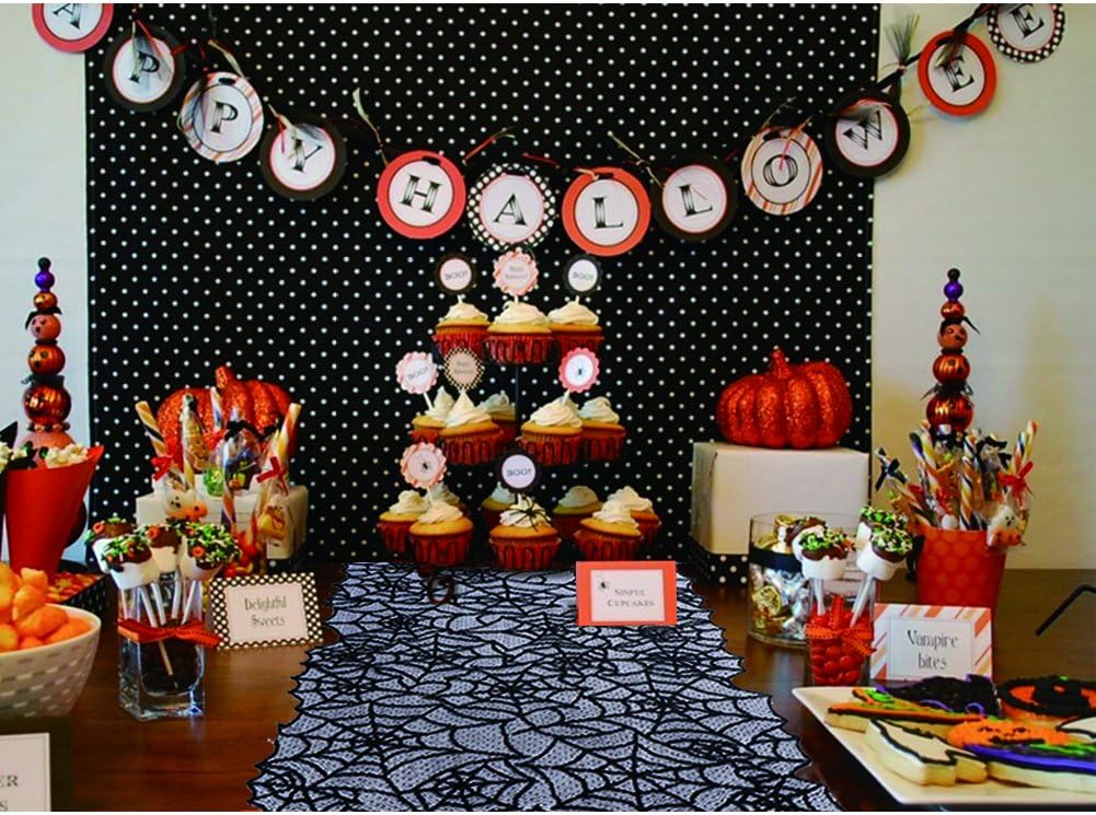 Hooqict Halloween Table Runner 20x80 Inch Black Lace