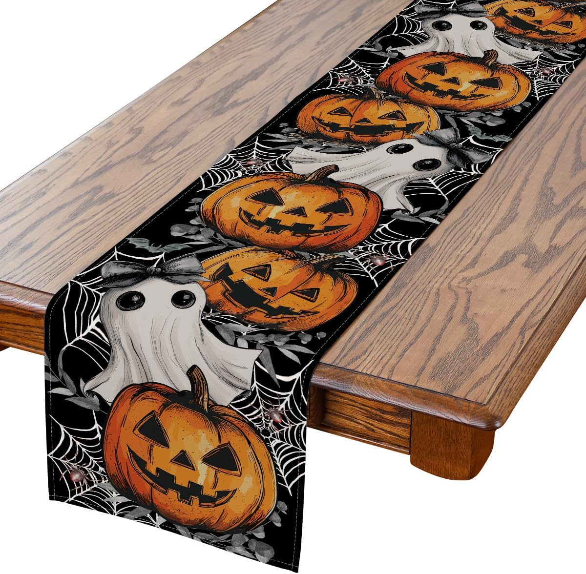 Halloween Table Runner with Jack-O-Lantern Ghost and Spider Designs