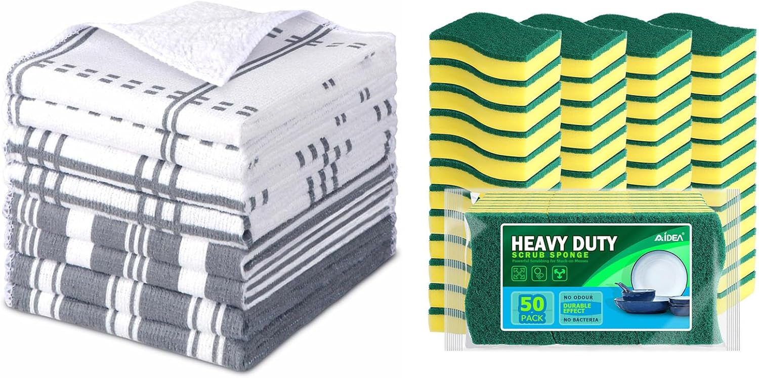 AIDEA Kitchen Towels and Heavy Duty Scrub Sponge 50 Count