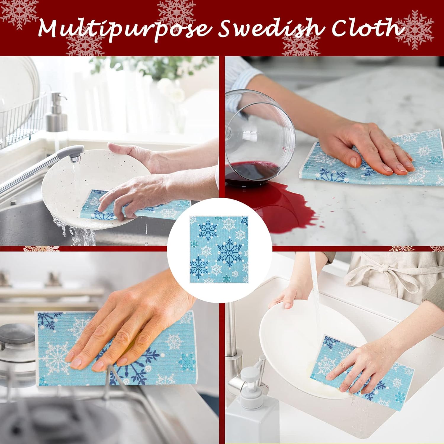 Whaline 4Pcs Christmas Swedish Dishcloths Reusable Kitchen Towels