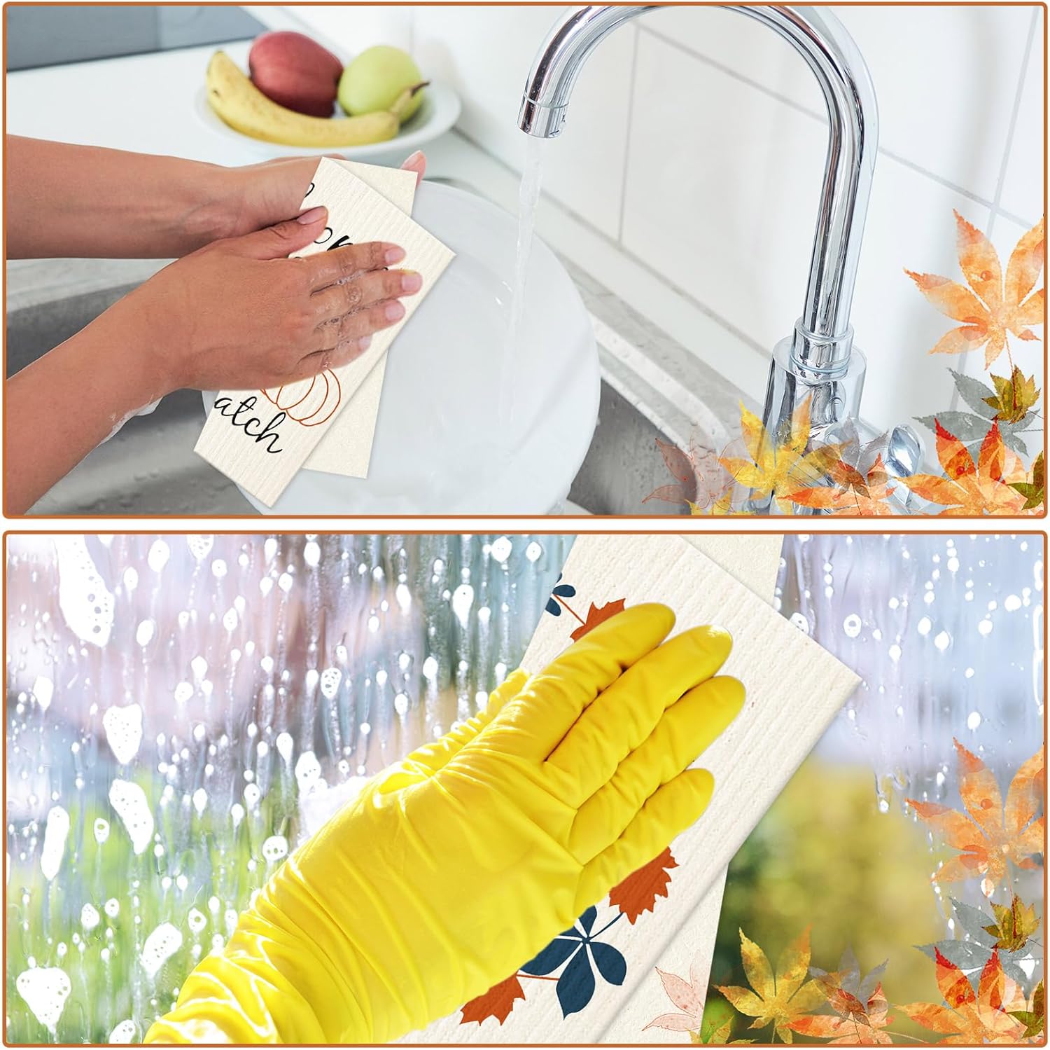 Swedish Kitchen Dishcloth Set 4Pcs 7x8 Inch Fall Themed