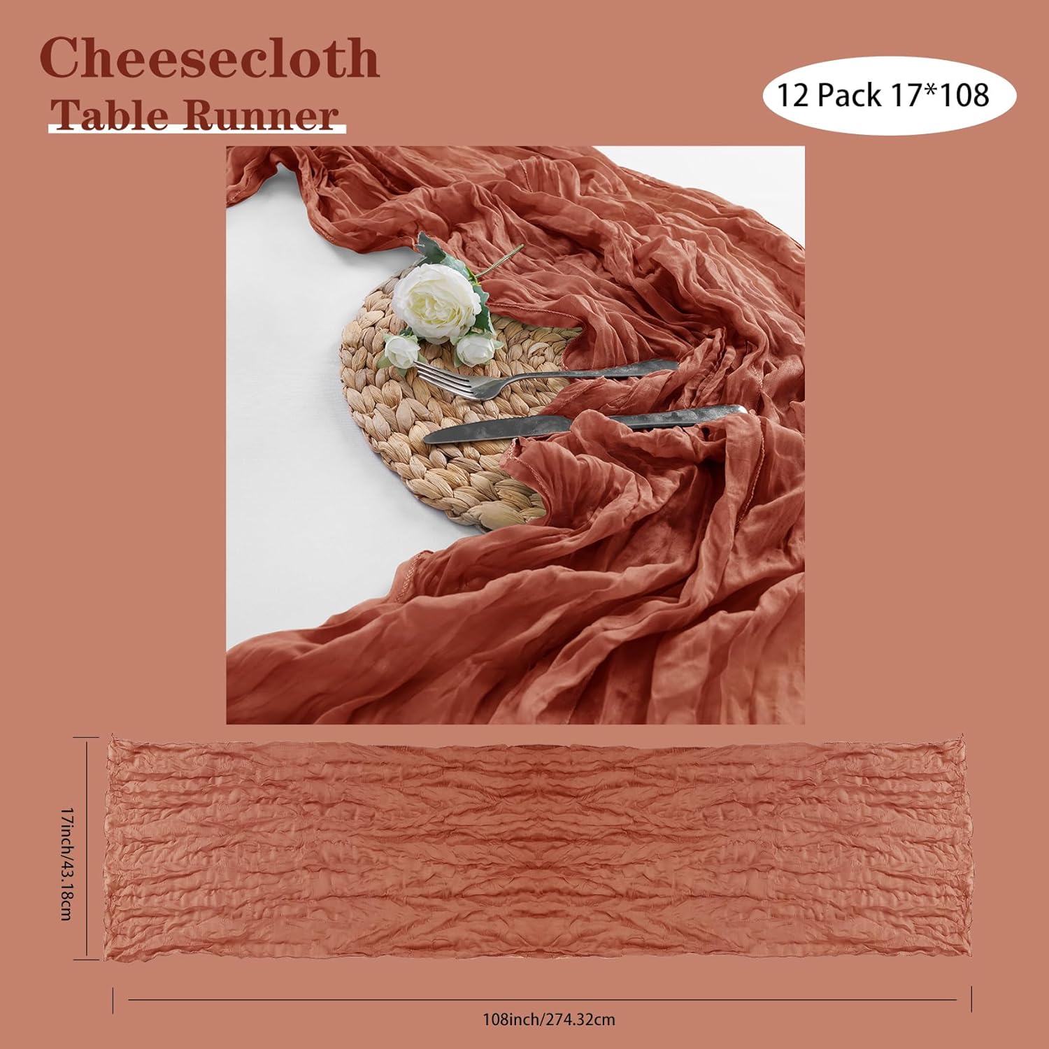 Bailarina 12 Pack Terracotta Cheesecloth Table Runner 17x108 Inch