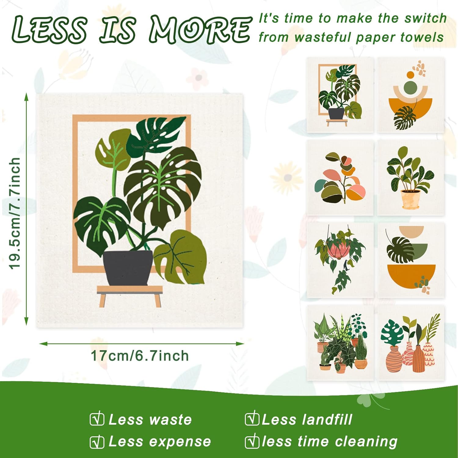 Whaline 8Pcs Kitchen Dish Cloths with Botanical Pattern