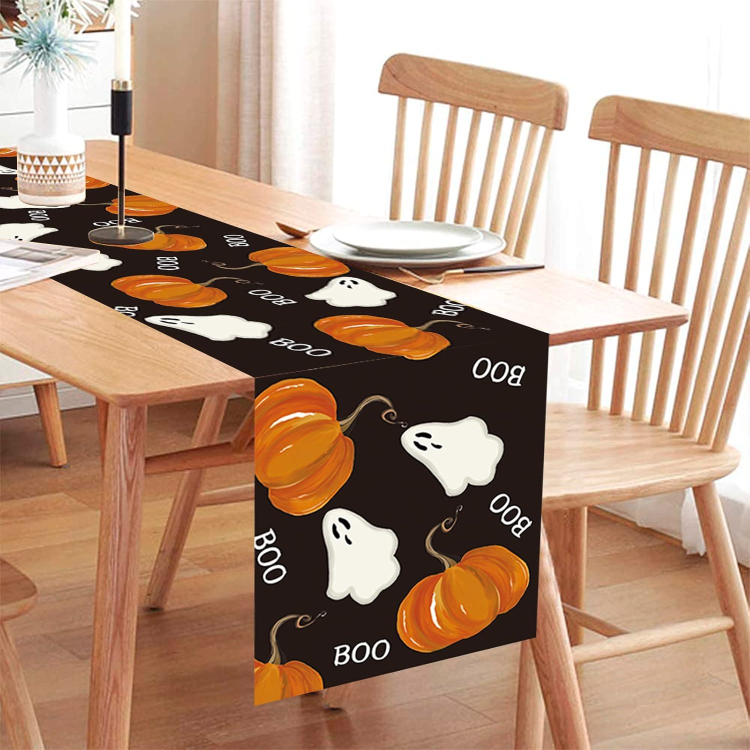 Halloween Table Runner with Ghost Pumpkins Design