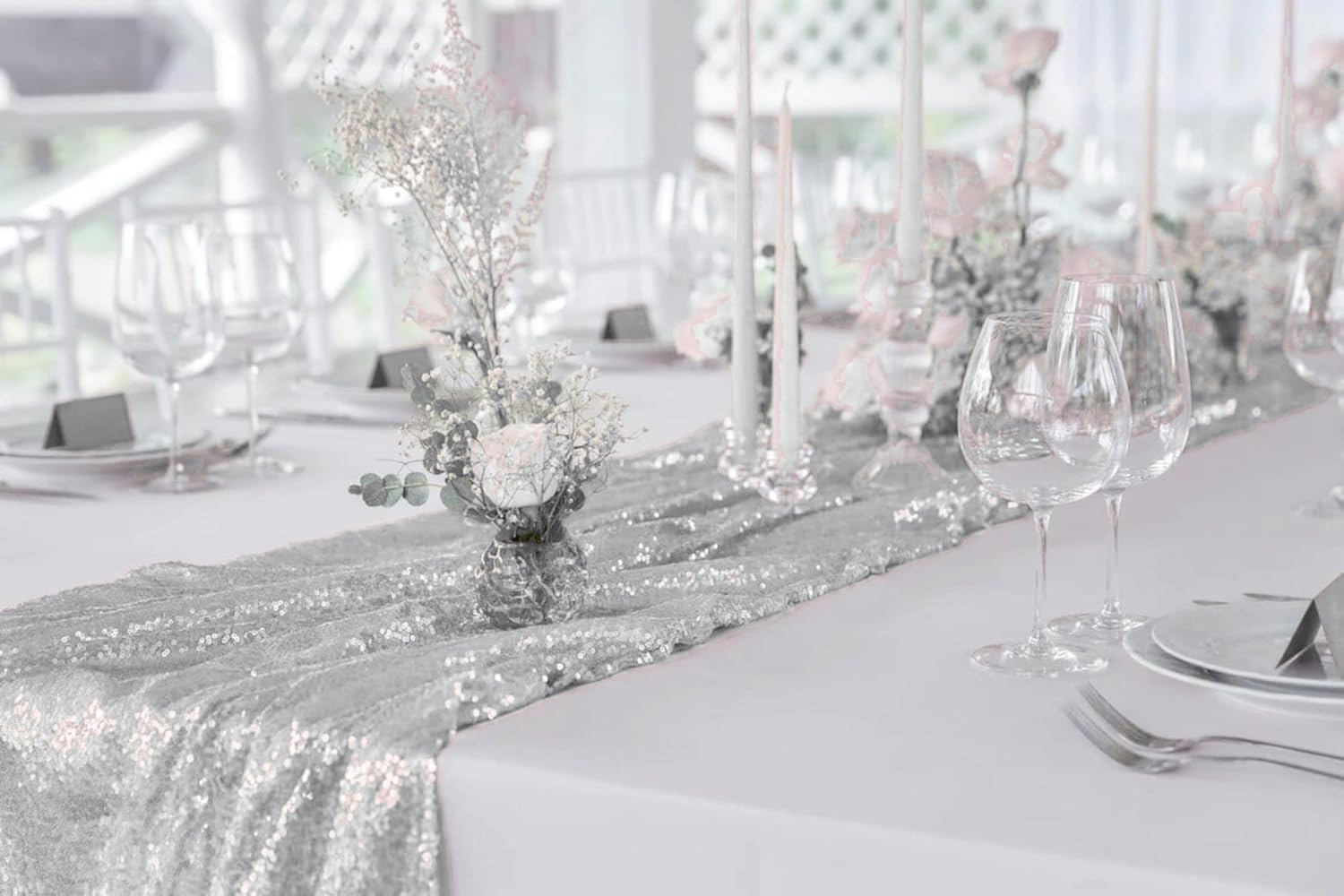 15 Pack Silver Sparkly Sequin Table Runner for Events