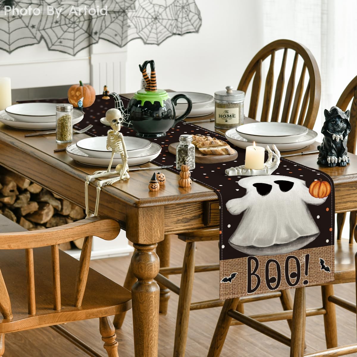 Artoid Mode Black Boo Ghost Pumpkin Dots Table Runner