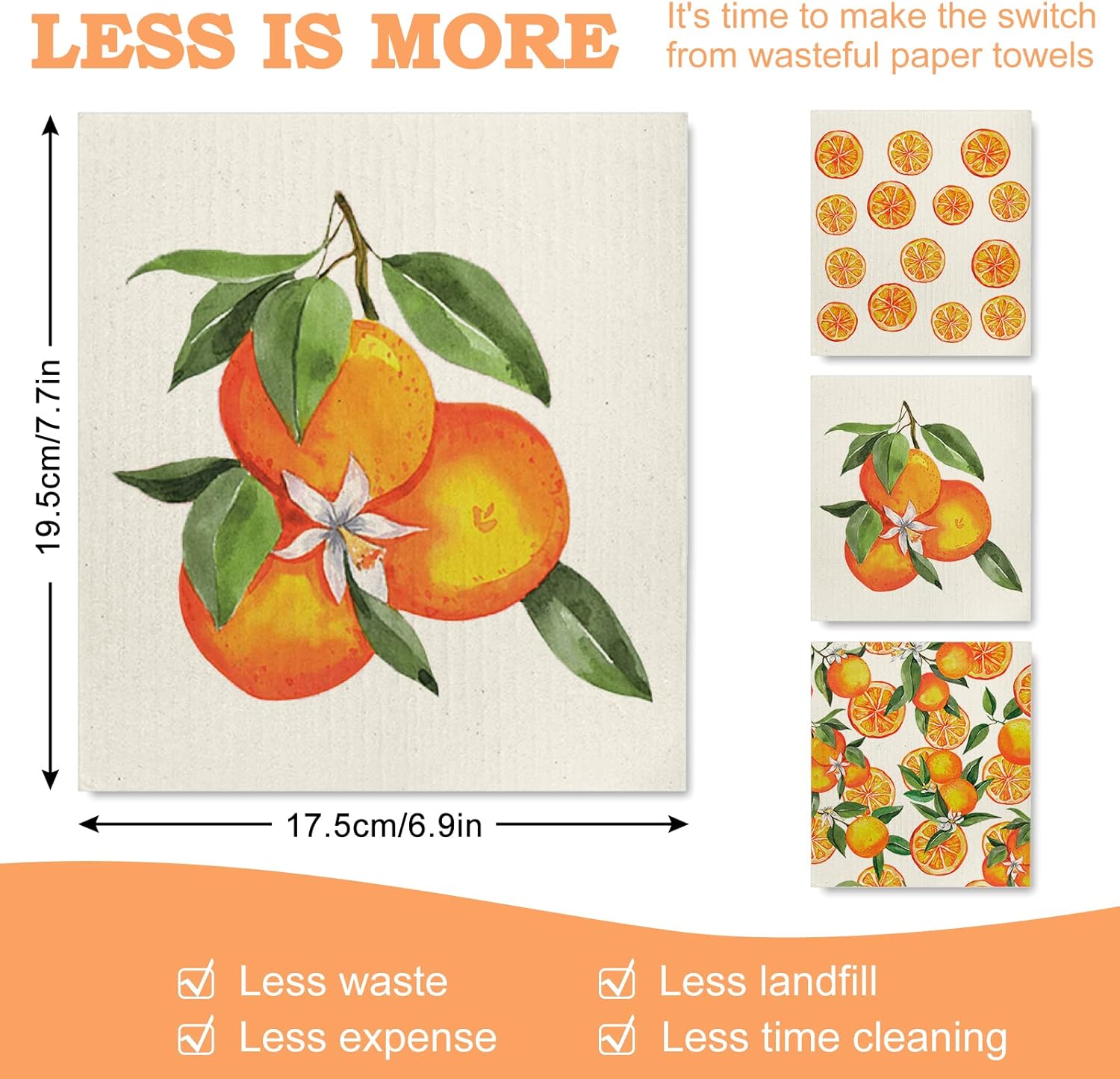 Whaline Orange Patterned Dishcloths 6Pcs 7x8in Reusable Kitchen Towels