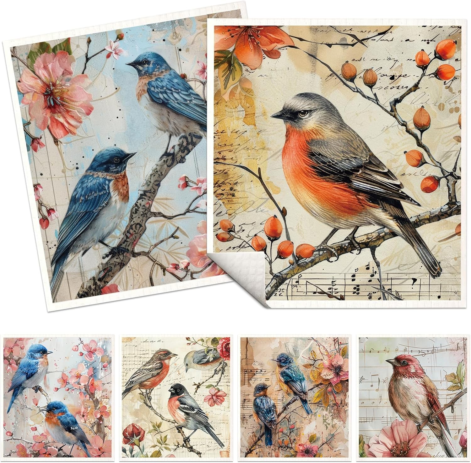 VISSTREE Birds Flowers Dishcloths 6 Pack Reusable Kitchen Cloths