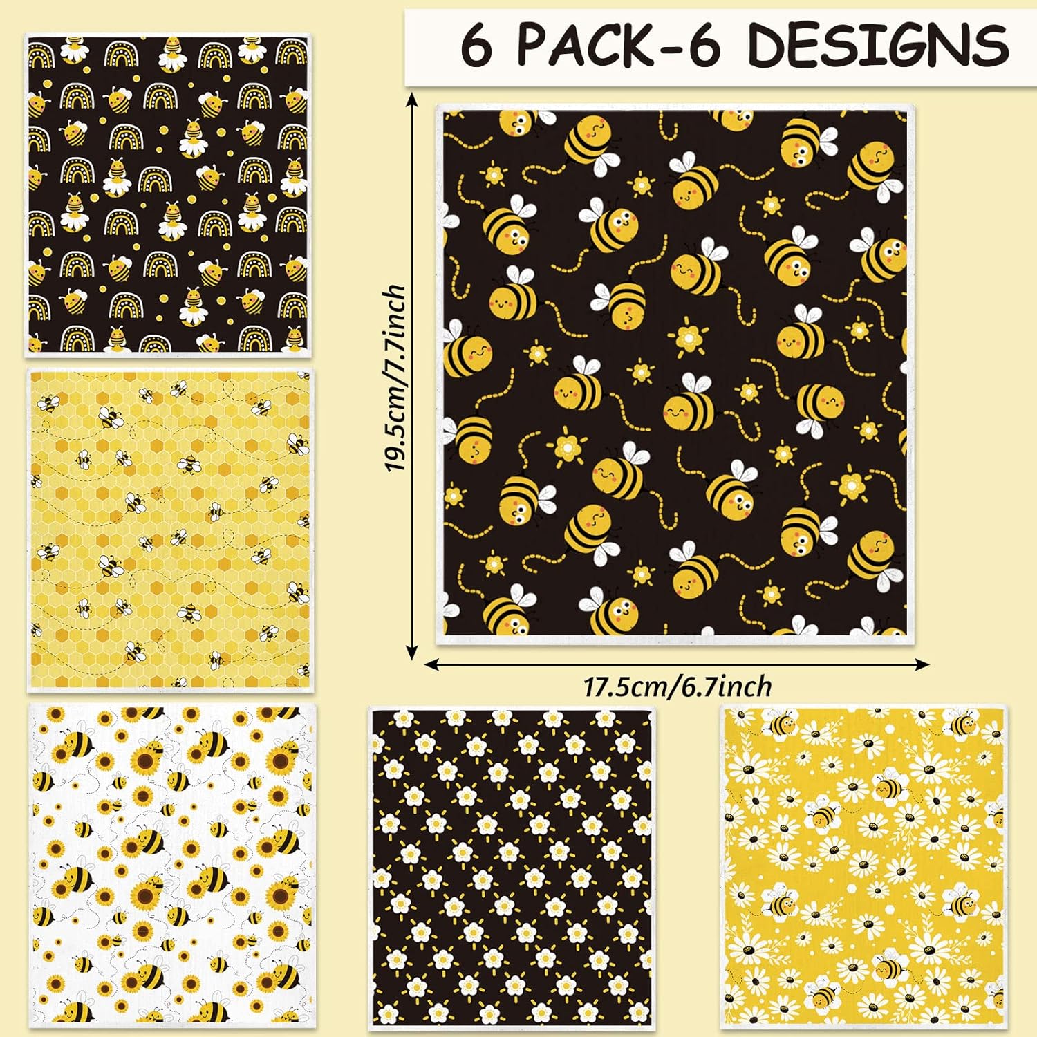 Whaline Bee Dish Cloths 6 Pack Yellow Black Hand Drying Tea Towels