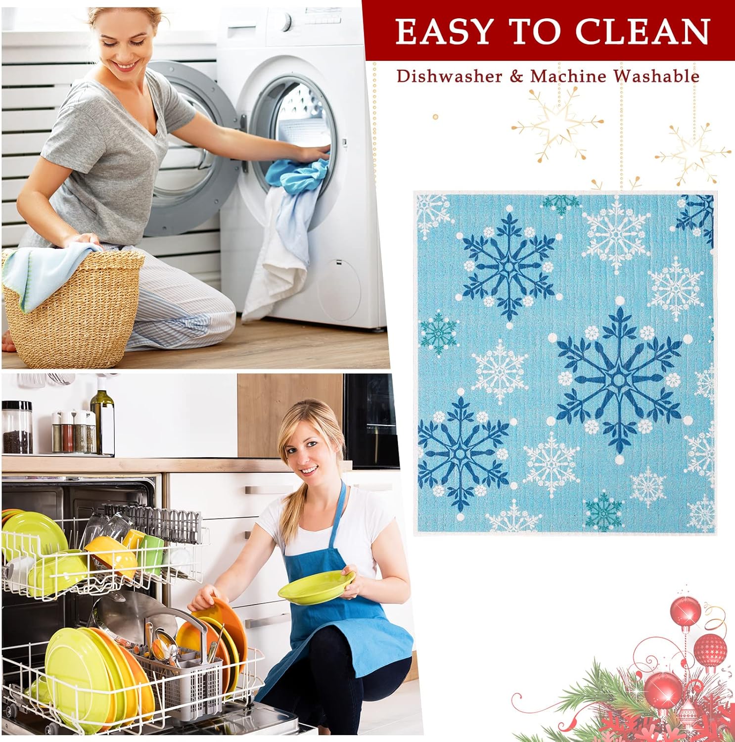 Whaline 4Pcs Christmas Swedish Dishcloths Reusable Kitchen Towels