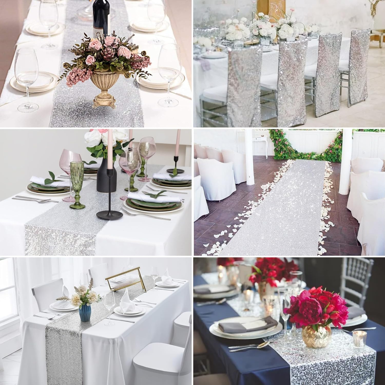15 Pack Silver Sparkly Sequin Table Runner for Events