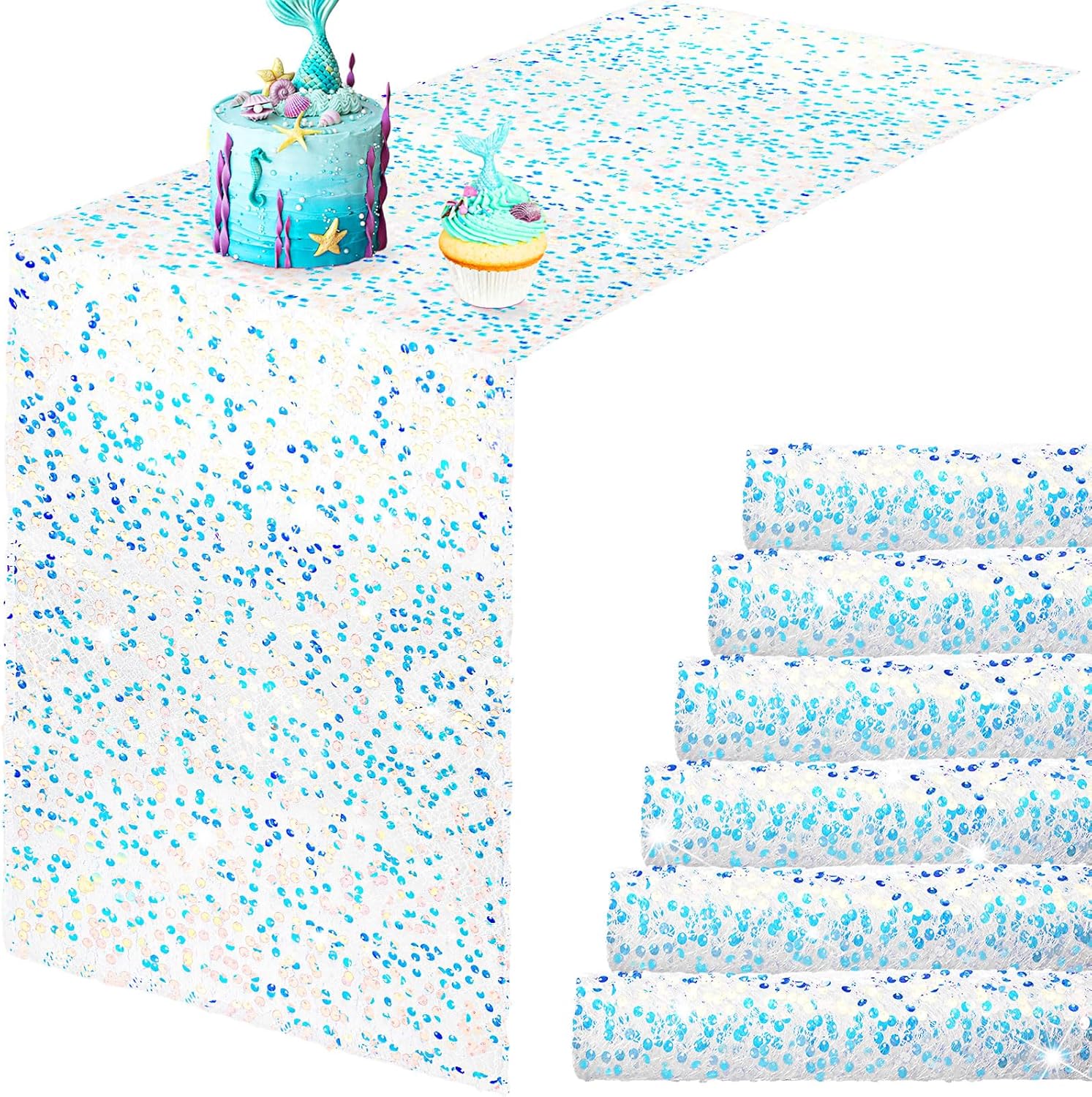 6 Pcs Iridescent Sequin Table Runner White 12x72 Inch Mermaid Wedding Cover