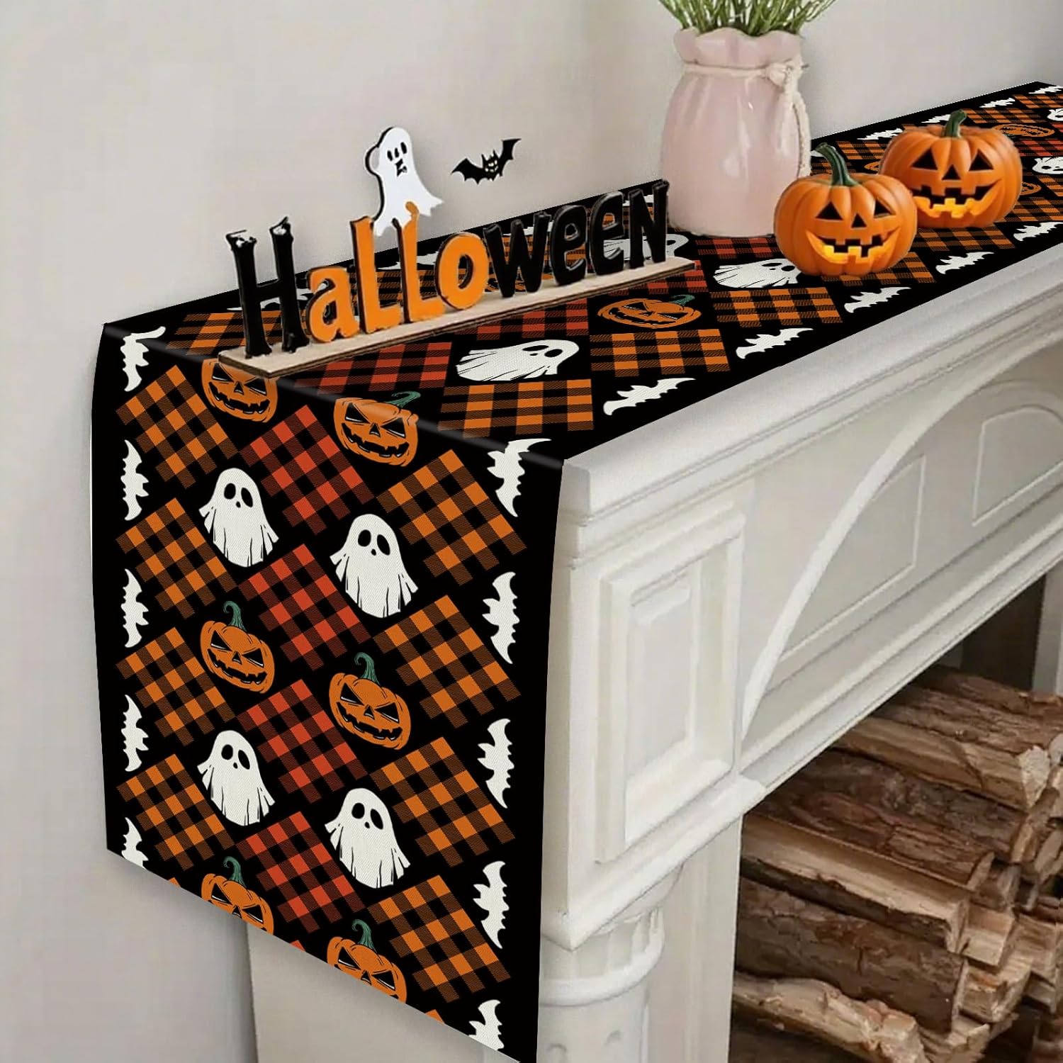 Halloween Table Runner with Ghost and Pumpkin Design