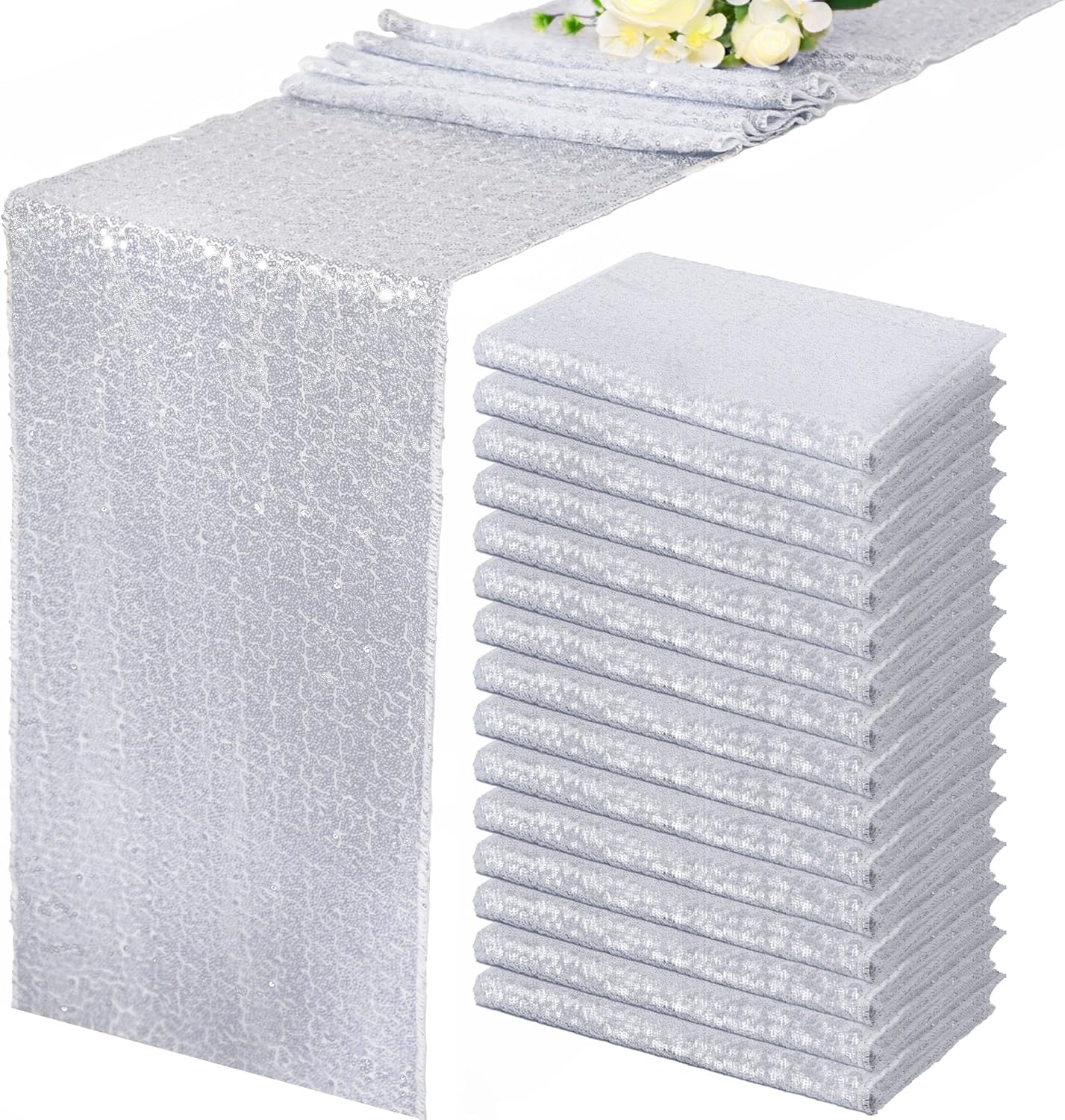 15 Pack Silver Sparkly Sequin Table Runner for Events