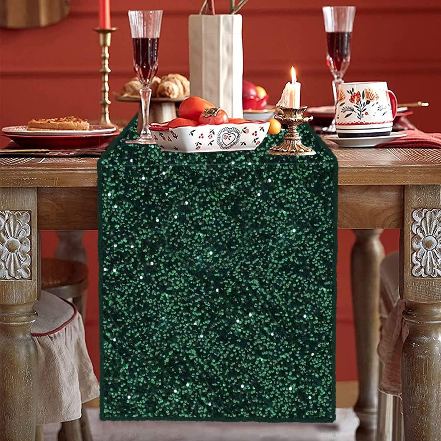 Emerald Green Sequin Velvet Table Runner - 12x72 Inches
