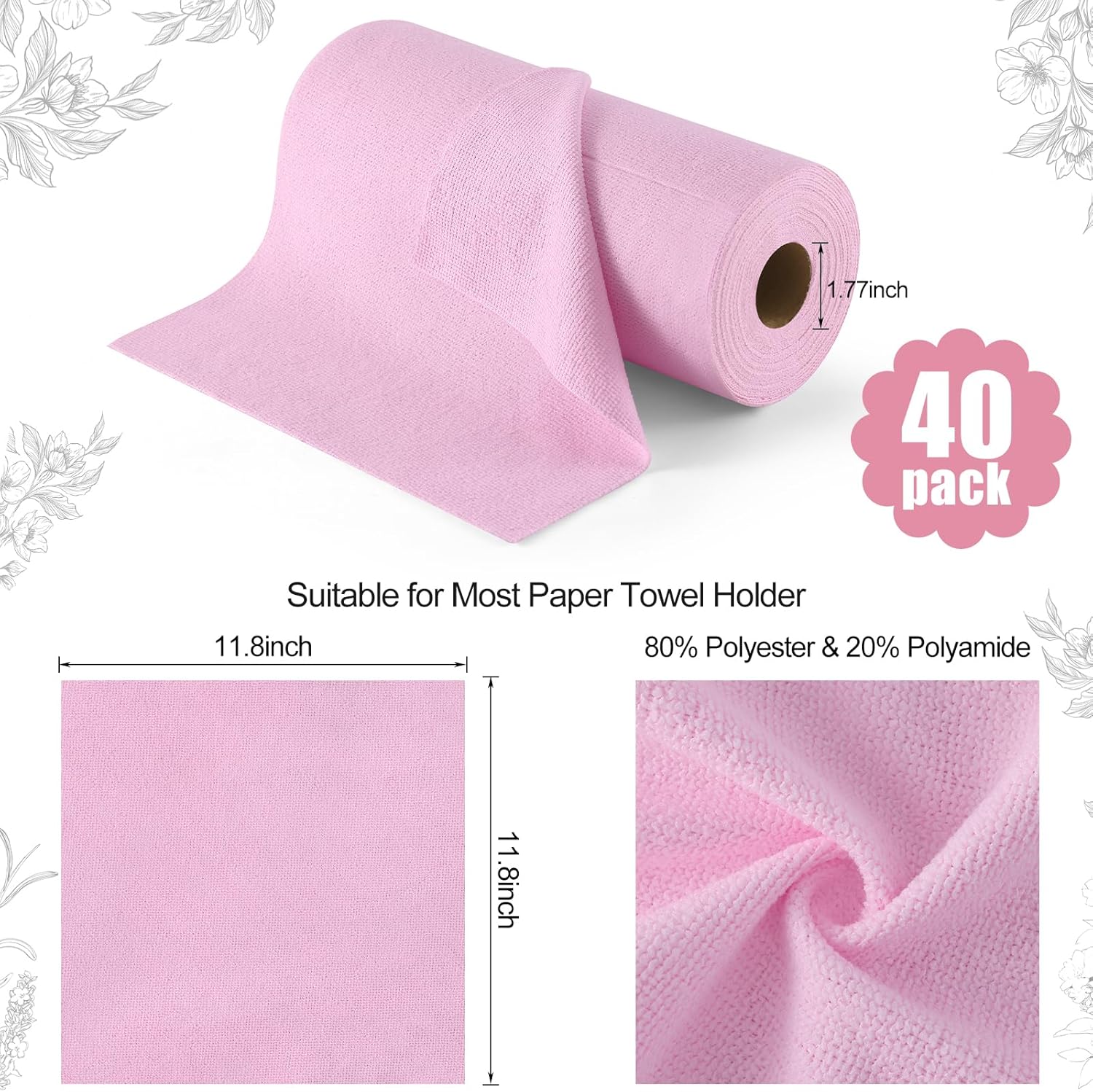 Homaxy Tear Away Dish Cloths Rolls 40 Sheets Pink