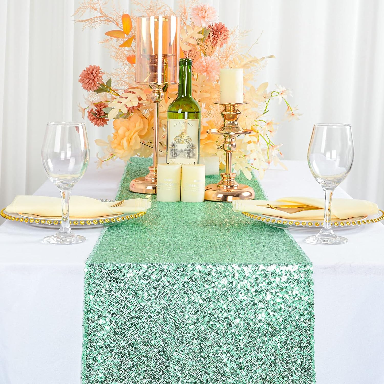 ShinyBeauty Mint Green Sequin Table Runner Set of 5