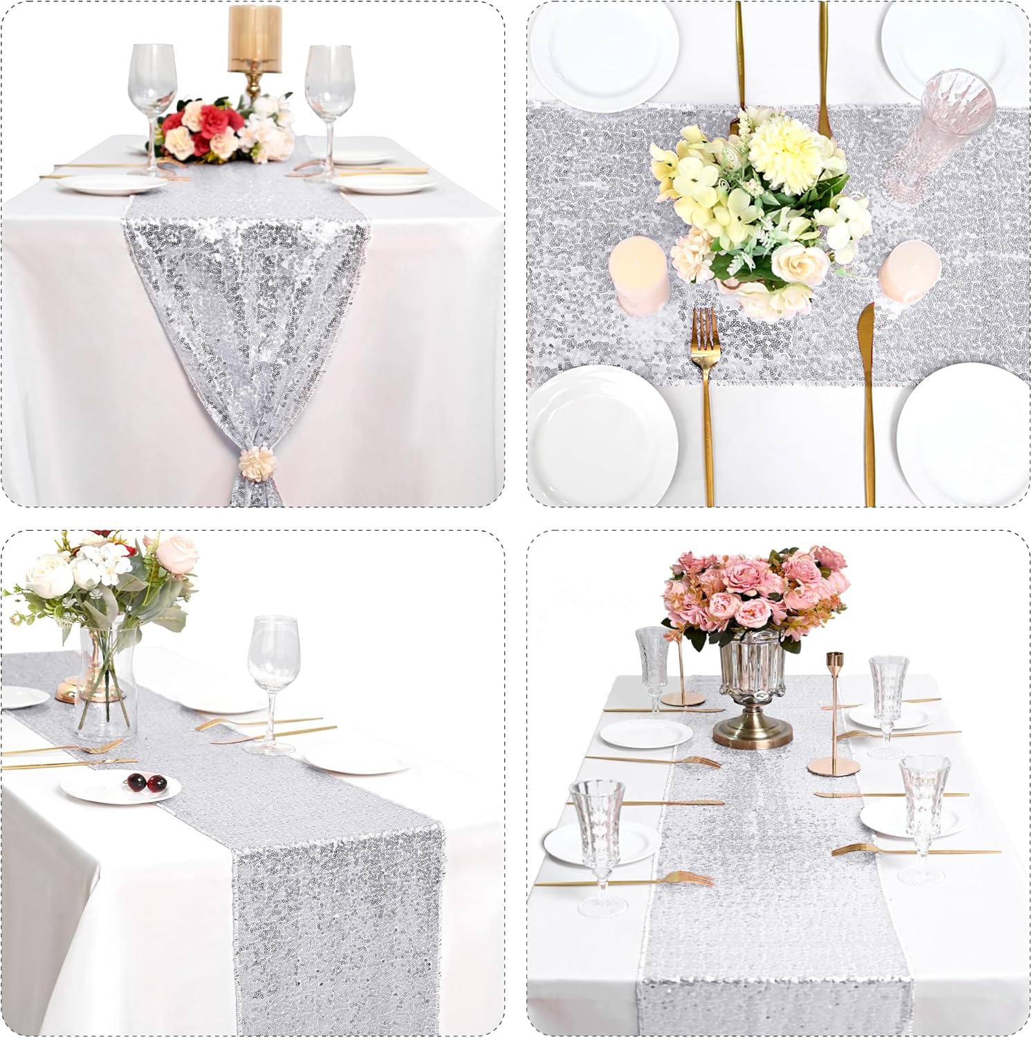 15 Pack Silver Sparkly Sequin Table Runner for Events