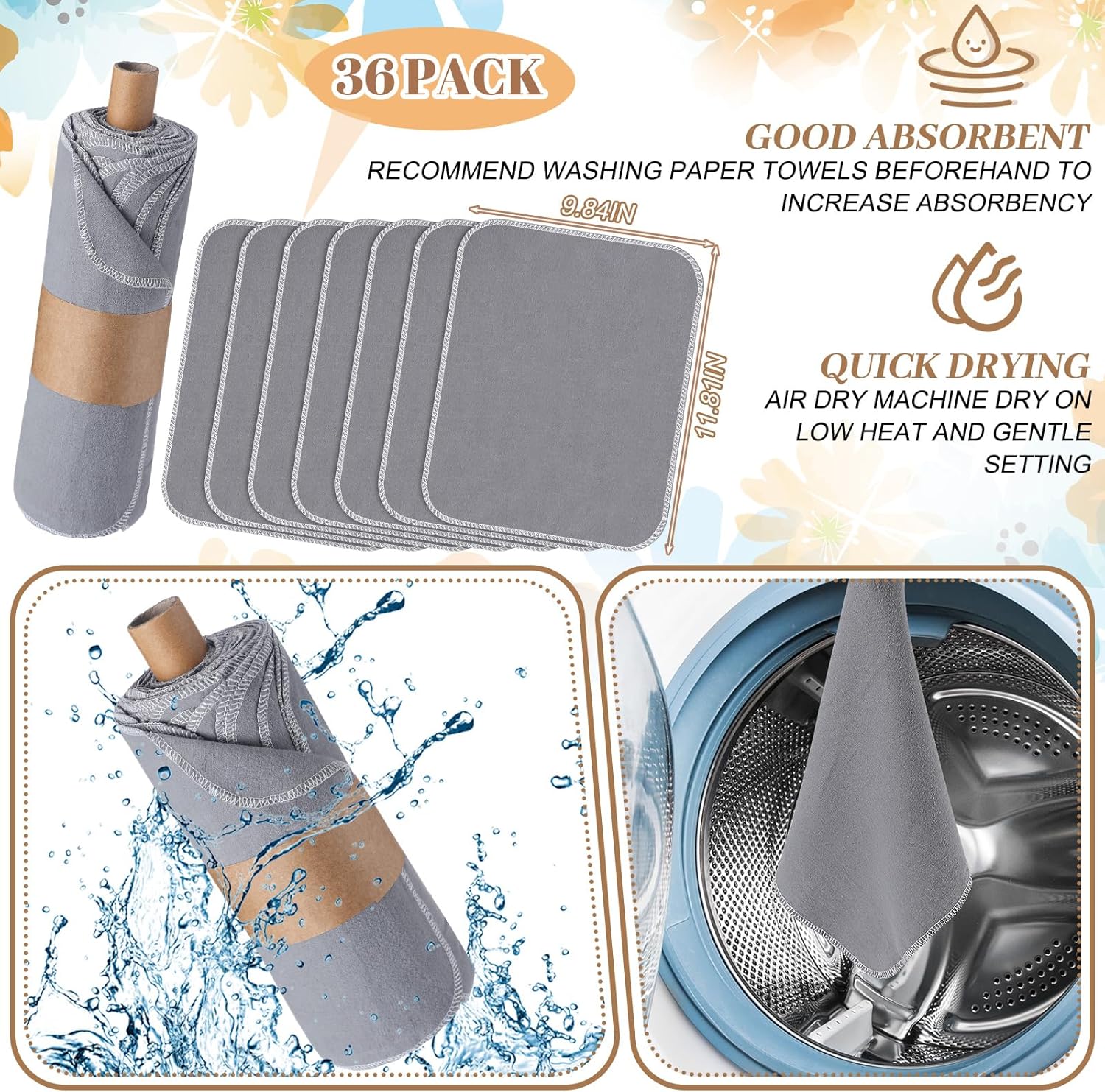 36 Count Reusable Cleaning Cloths Cotton Kitchen Towels Gray