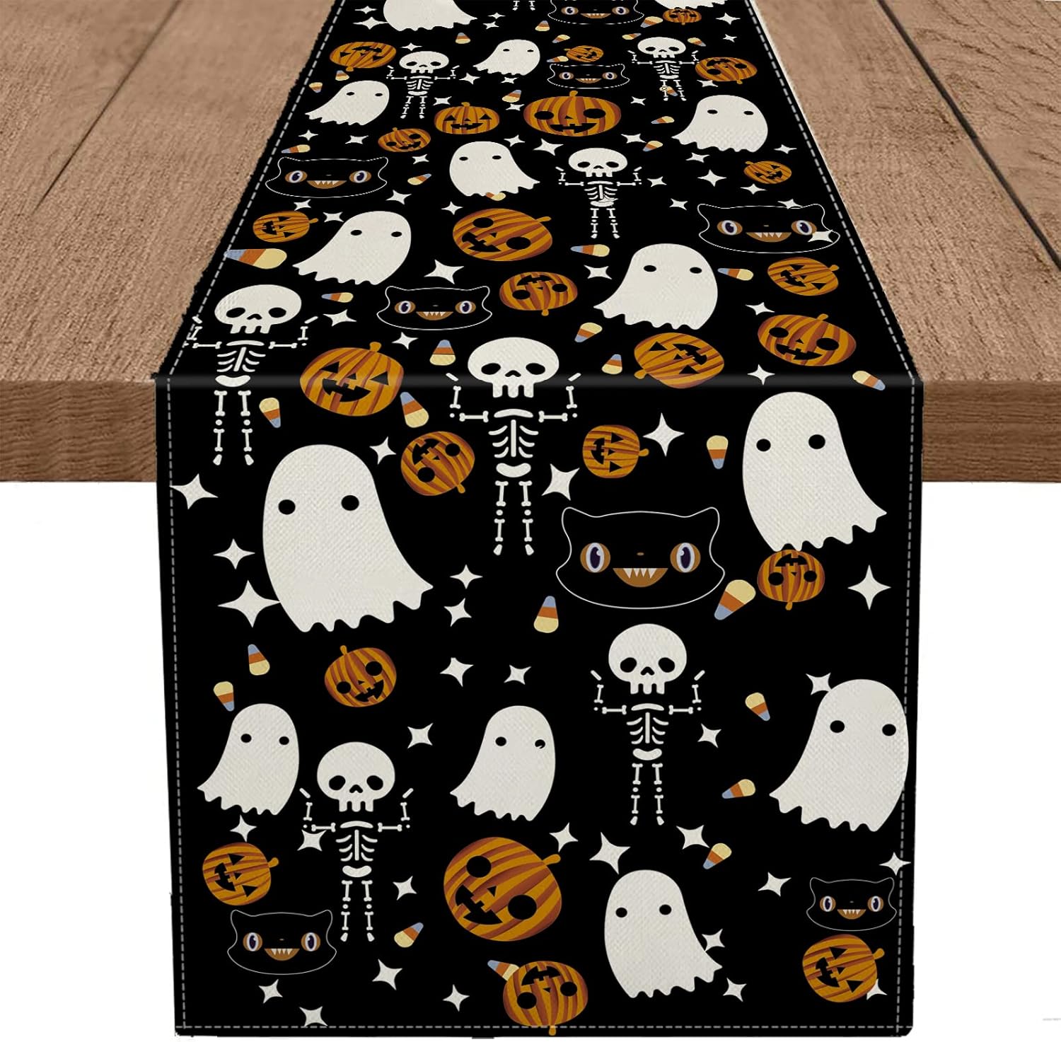 GAGEC Halloween Table Runner Black Cat Pumpkins