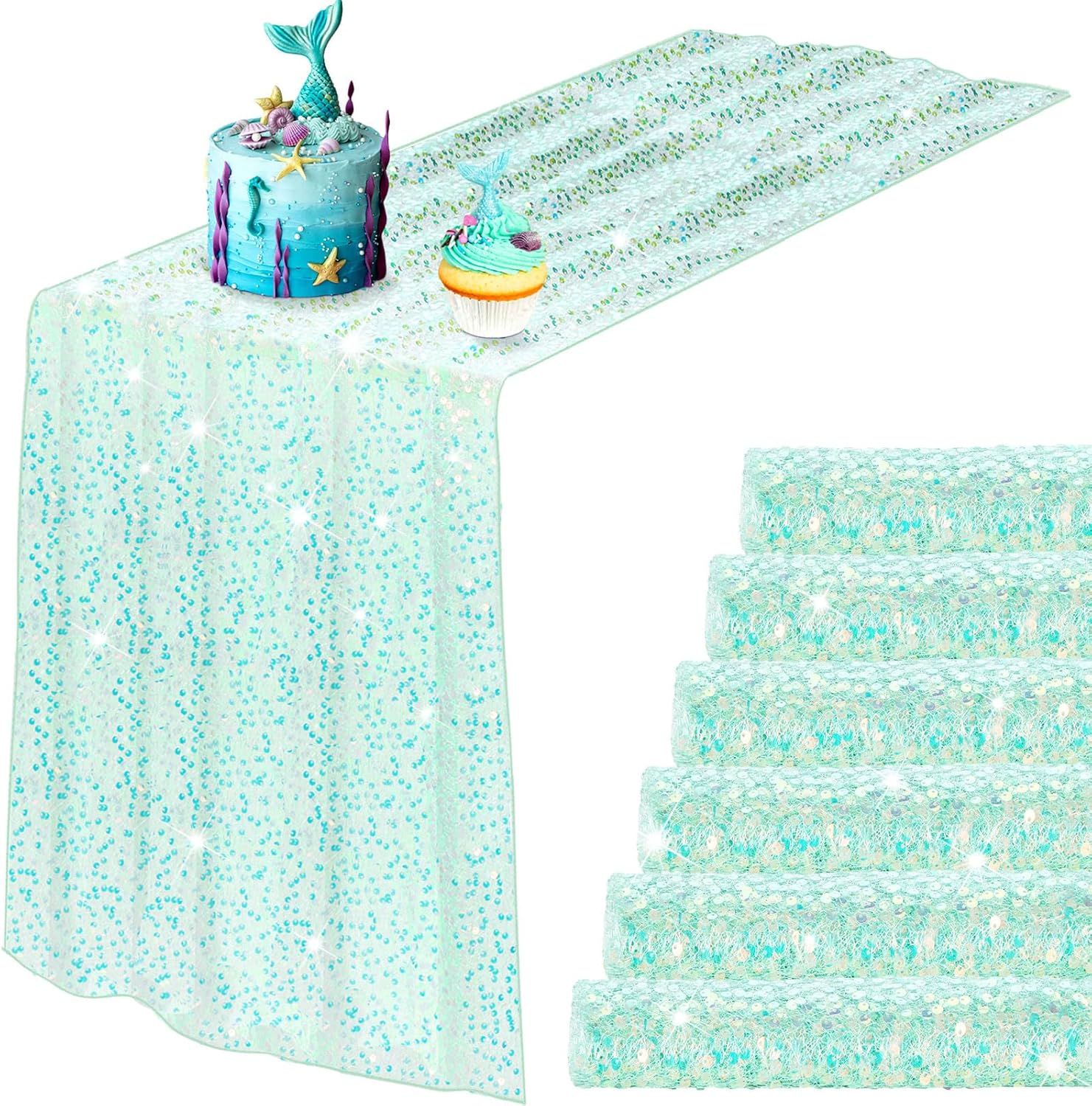 6 Pcs Iridescent Sequin Table Runner Mermaid Design Cyan