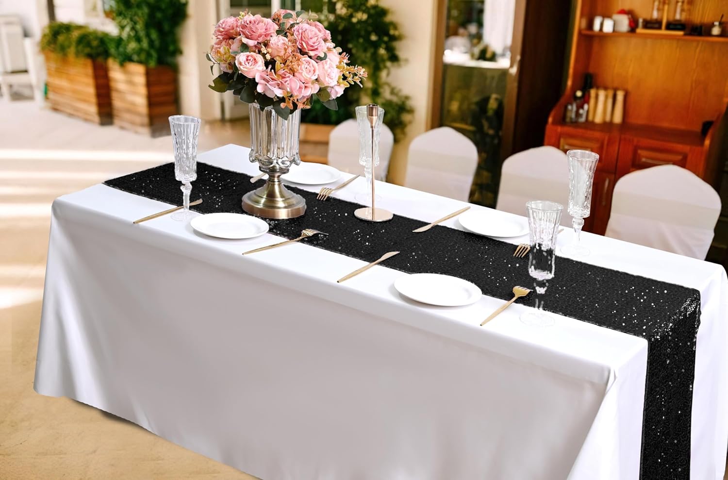 15 Pack Black Sequin Table Runner for Holidays and Events