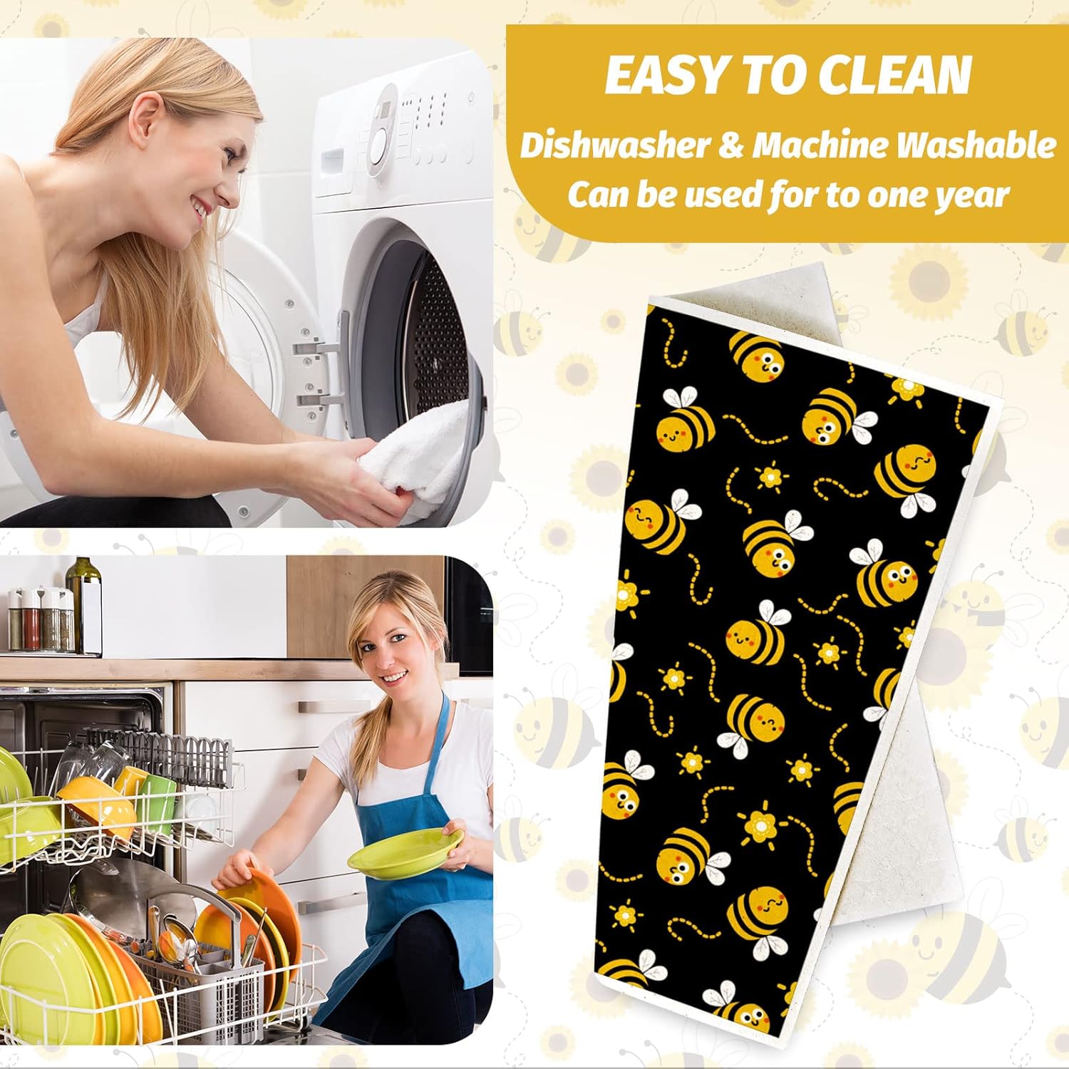 Whaline Bee Dish Cloths 6 Pack Yellow Black Hand Drying Tea Towels