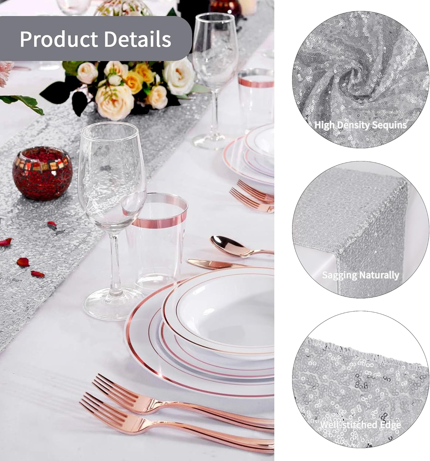 15 Pack Silver Sparkly Sequin Table Runner for Events
