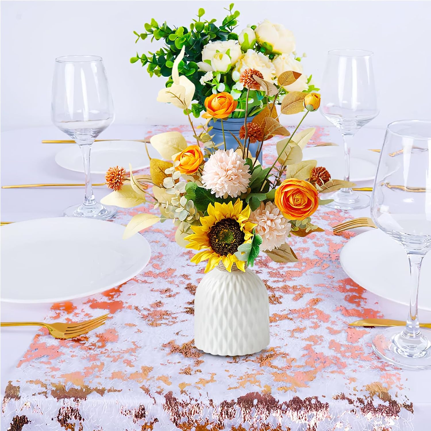 3 Piece Rose Gold Table Runner with Glitter Sequins