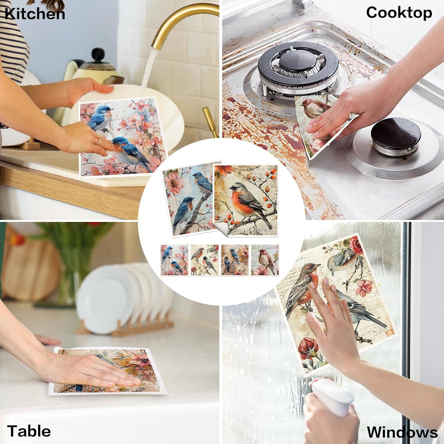 VISSTREE Birds Flowers Dishcloths 6 Pack Reusable Kitchen Cloths