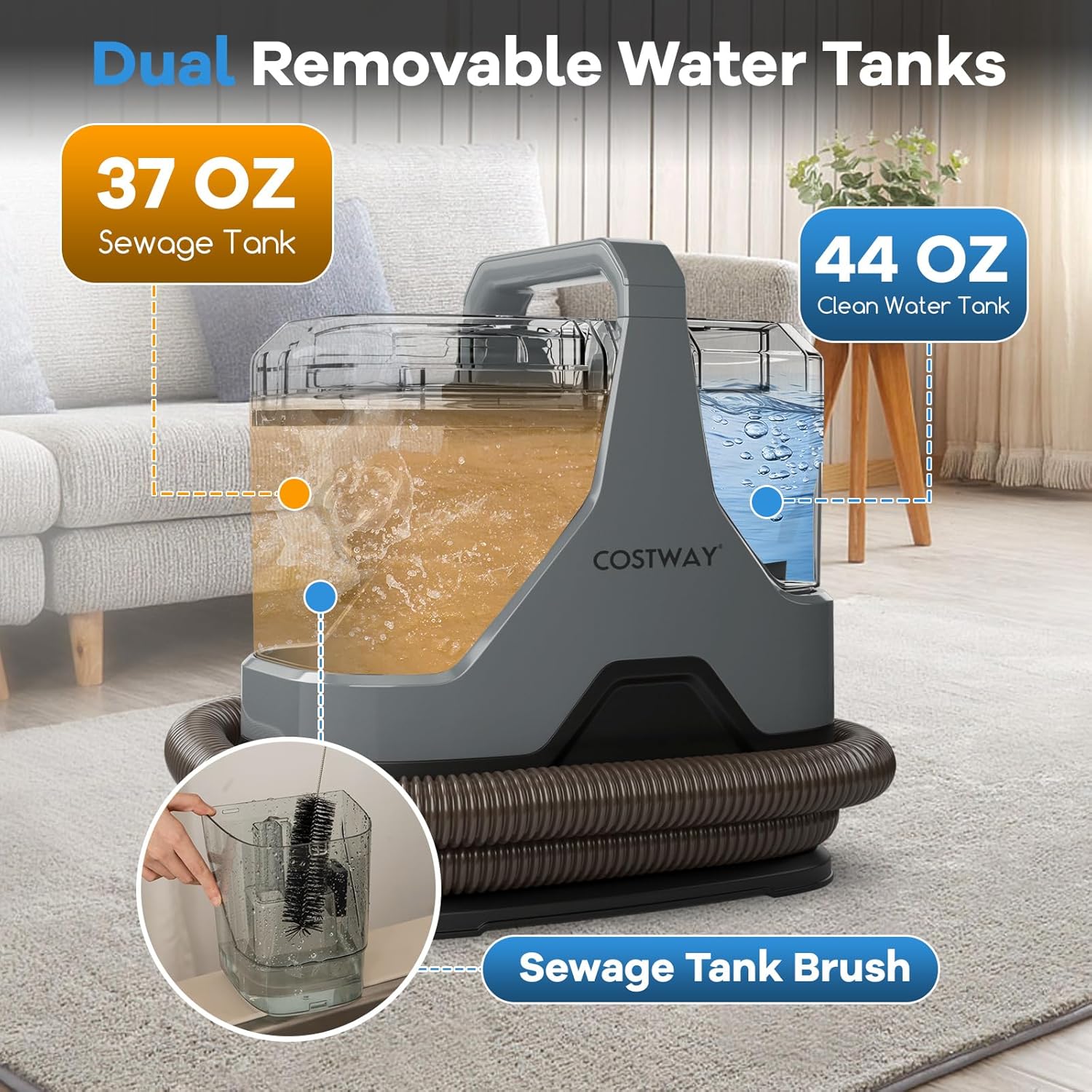 COSTWAY Upholstery Cleaner Machine Portable Spot Cleaner with 15Kpa Suction 600W Power