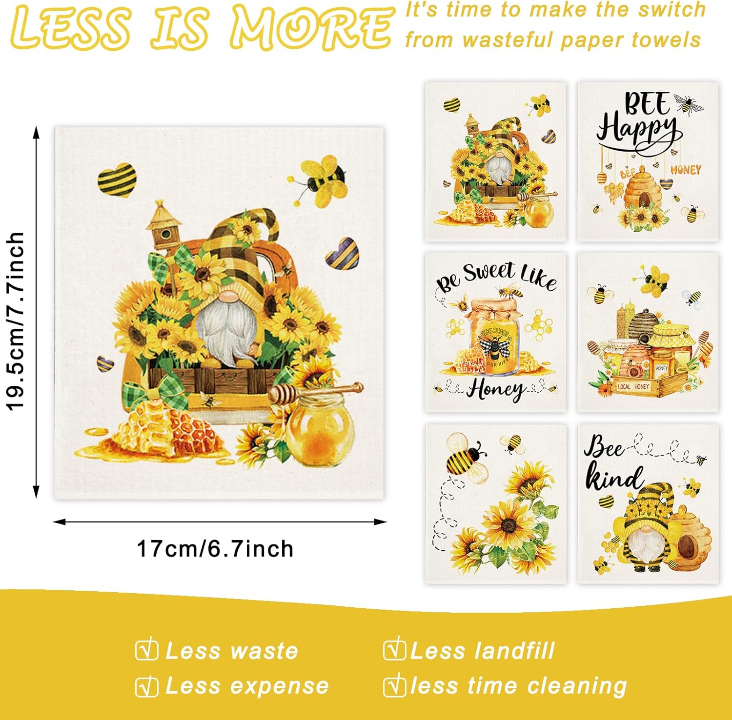 Whaline 6Pcs Bee Themed Dish Cloths Reusable Cotton Sponge Cleaning Towels