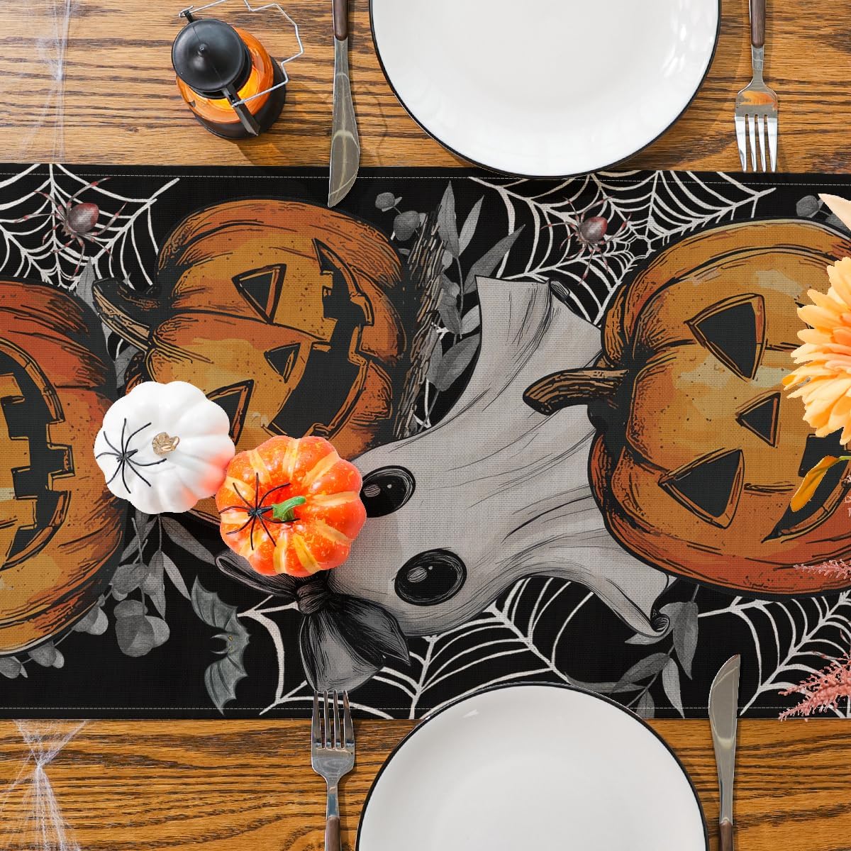 Halloween Table Runner with Jack-O-Lantern Ghost and Spider Designs