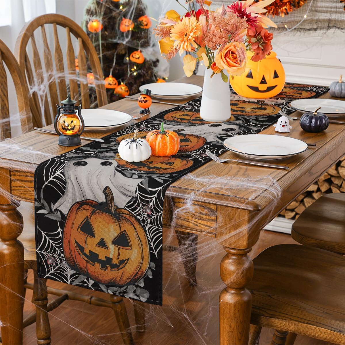 Halloween Table Runner with Jack-O-Lantern Ghost and Spider Designs