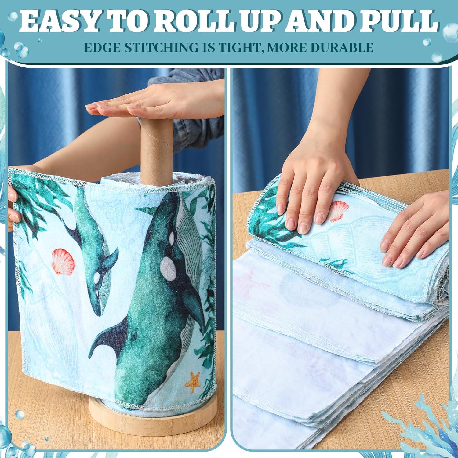 36 Count Reusable Cleaning Cloths Cotton Kitchen Towels Sea Animals Blue