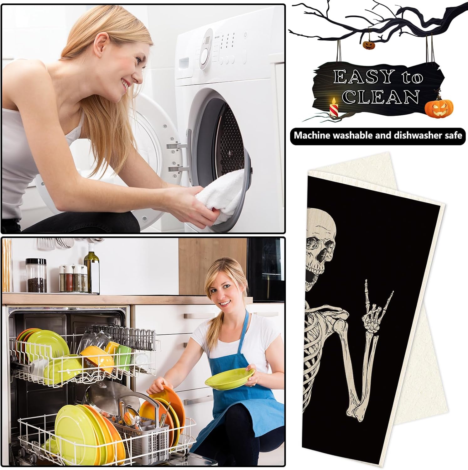Whaline 4Pcs Halloween Skeleton Dishcloth Set