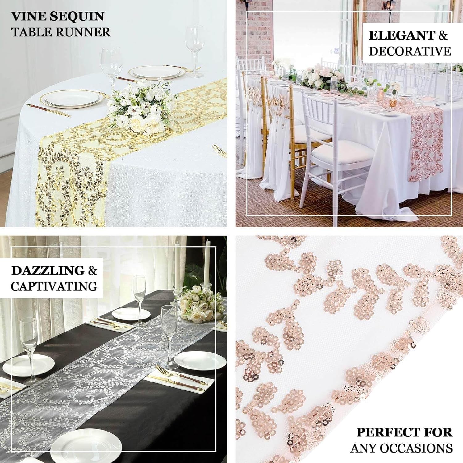 Efavormart 12x108 Blush Rose Gold Leaf Vine Sequin Table Runner