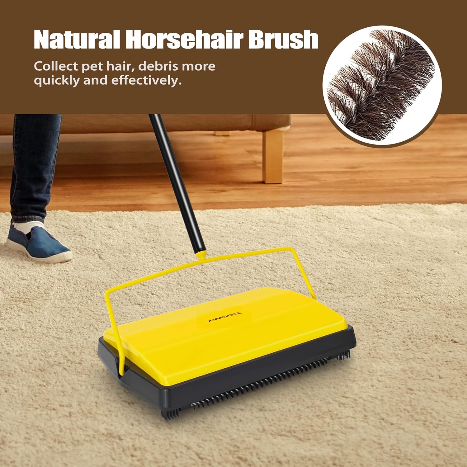 Dolanx Manual Carpet Sweeper with Horsehair Brush Yellow