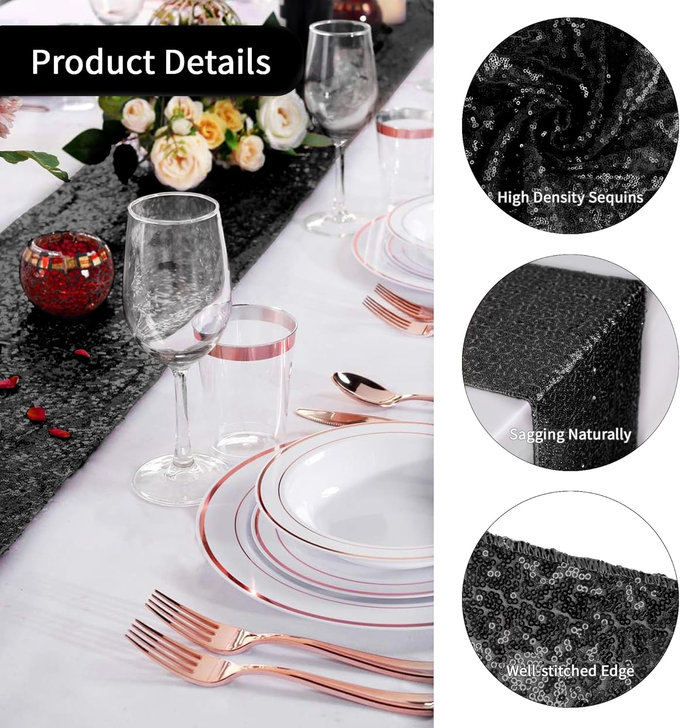 15 Pack Black Sequin Table Runner for Holidays and Events