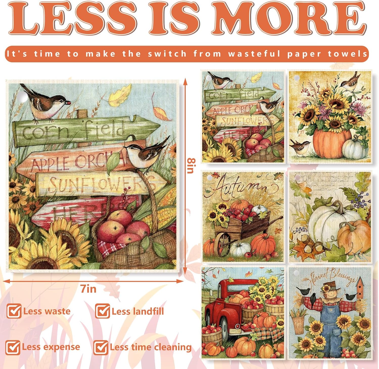 Swedish Style Dish Cloths 6Pcs Fall Themed Cotton Towels