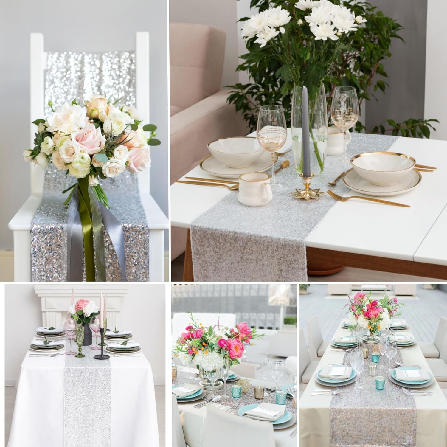 15 Pack Silver Sparkly Sequin Table Runner for Events