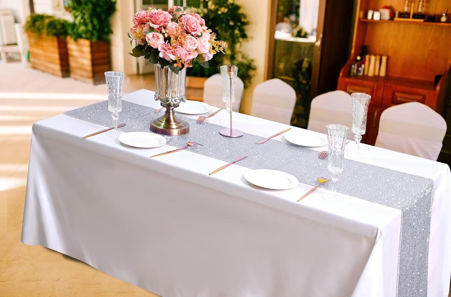 15 Pack Silver Sparkly Sequin Table Runner for Events