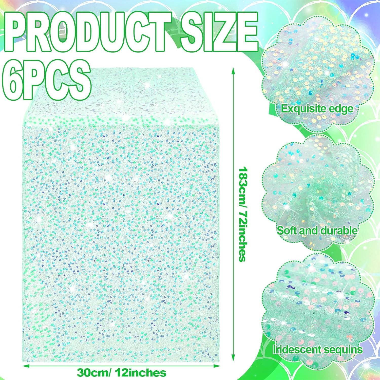 6 Pcs Iridescent Sequin Table Runner Mermaid Design Cyan