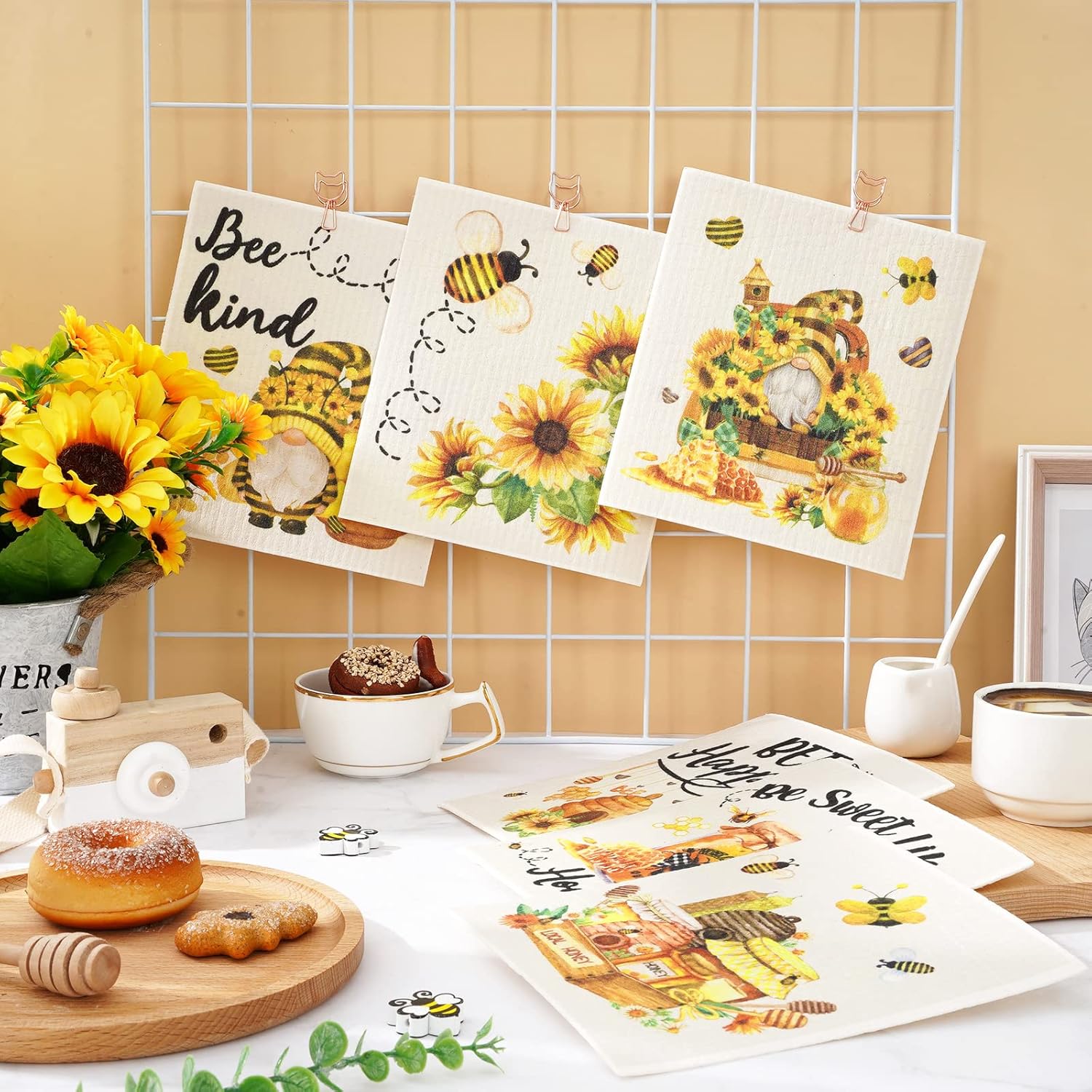 Whaline 6Pcs Bee Themed Dish Cloths Reusable Cotton Sponge Cleaning Towels