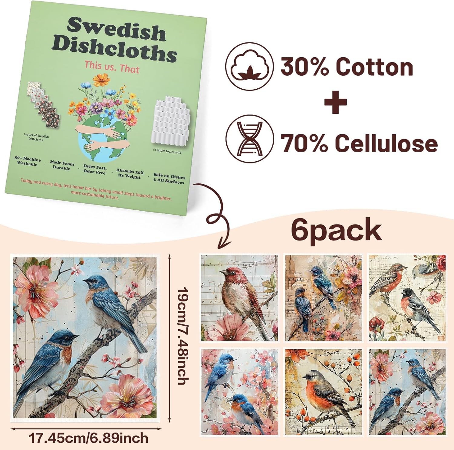 VISSTREE Birds Flowers Dishcloths 6 Pack Reusable Kitchen Cloths