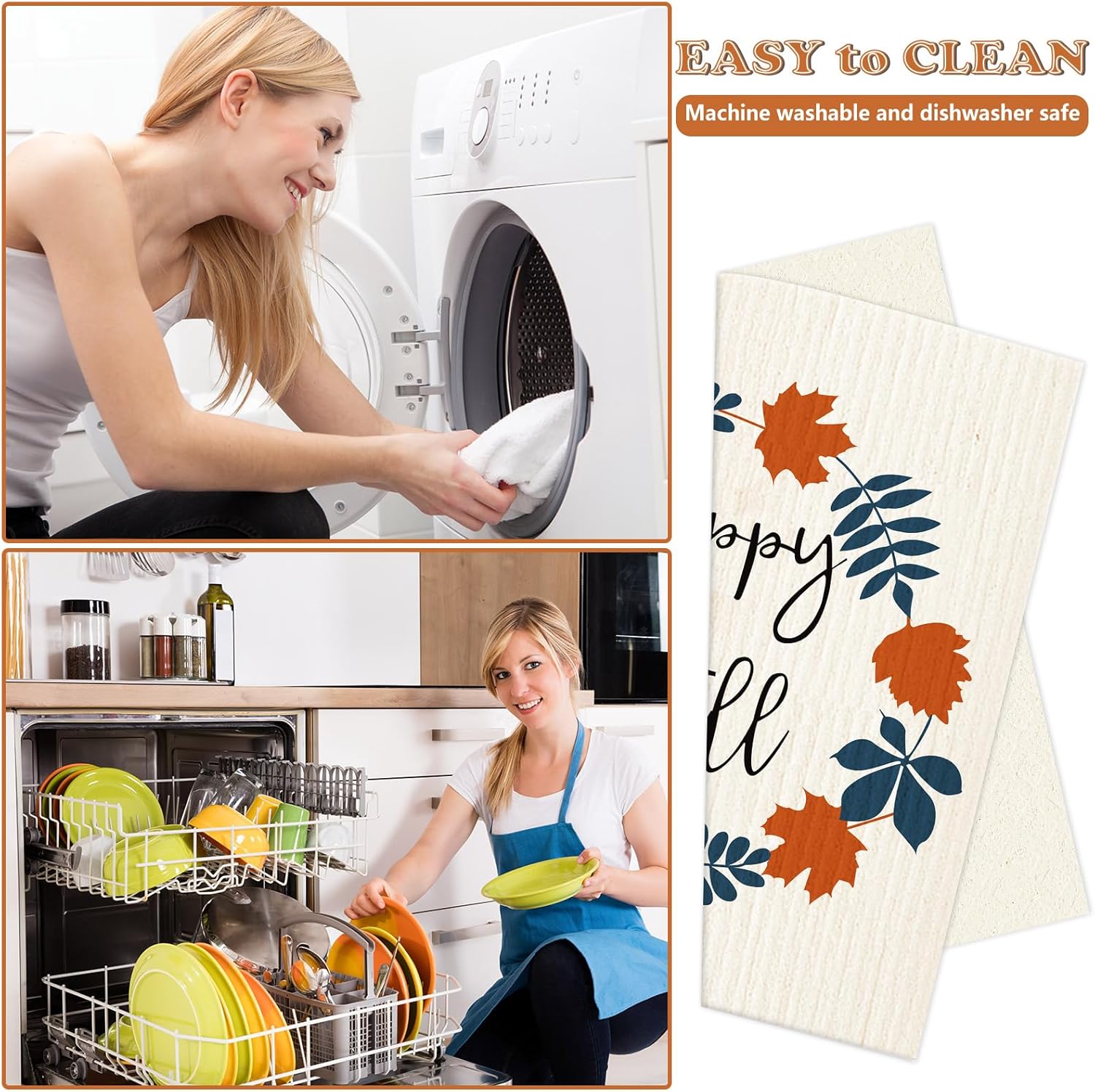 Swedish Kitchen Dishcloth Set 4Pcs 7x8 Inch Fall Themed
