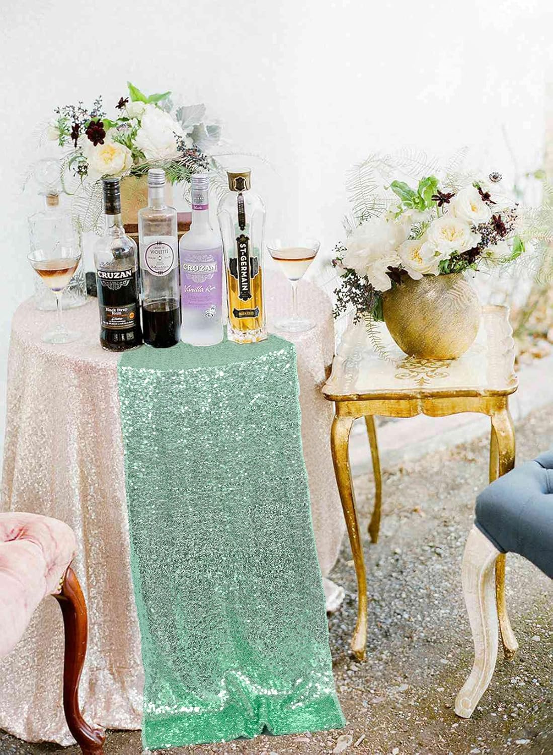 ShinyBeauty Mint Green Sequin Table Runner Set of 5