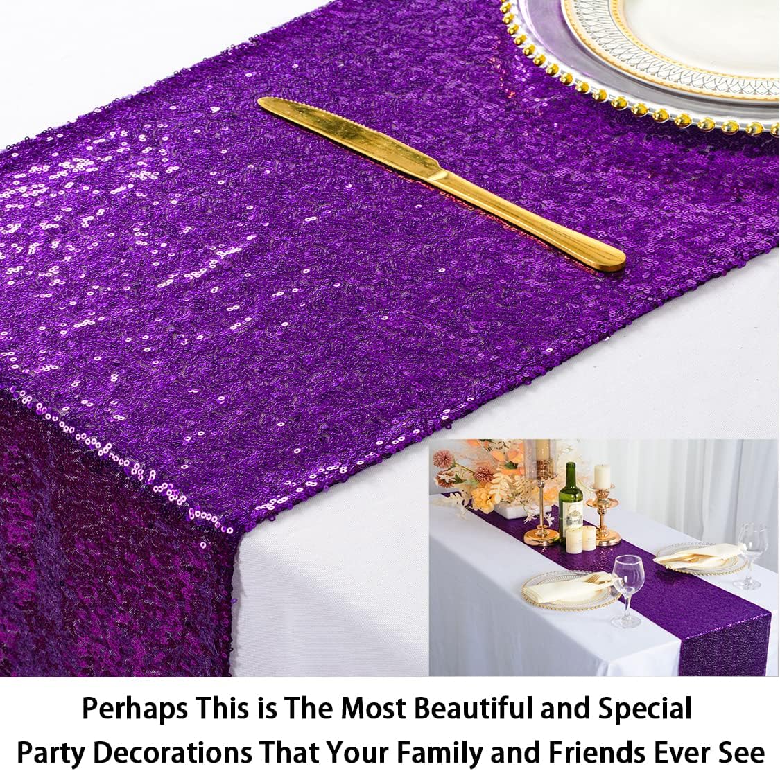 ShinyBeauty Purple Sequin Table Runner with Tassel